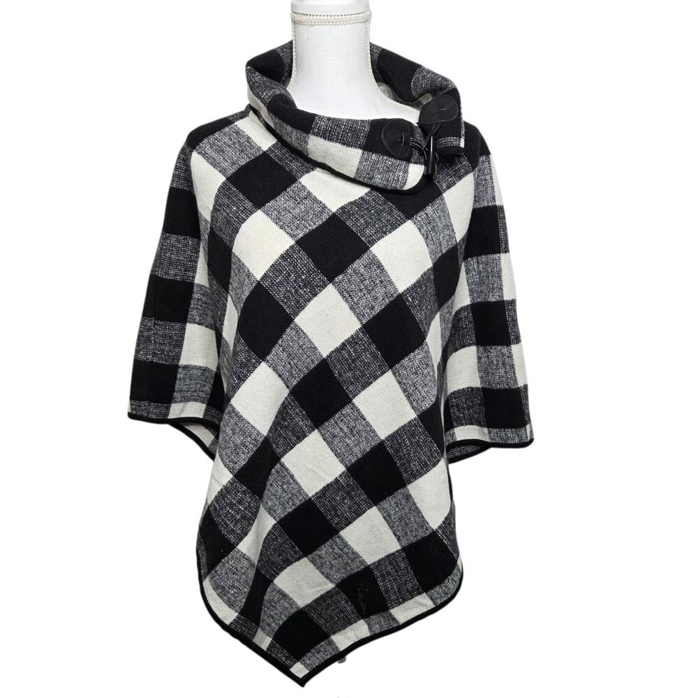 Chico’s Womens Black White Buffalo Plaid Cowl Neck Poncho One Size Cozy Modern